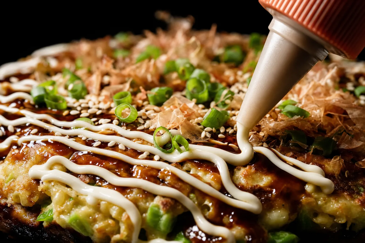Nahaufnahme: Mayonnaise wird aus einer Flasche im Zickzack über das fertige Okonomiyaki gezogen.