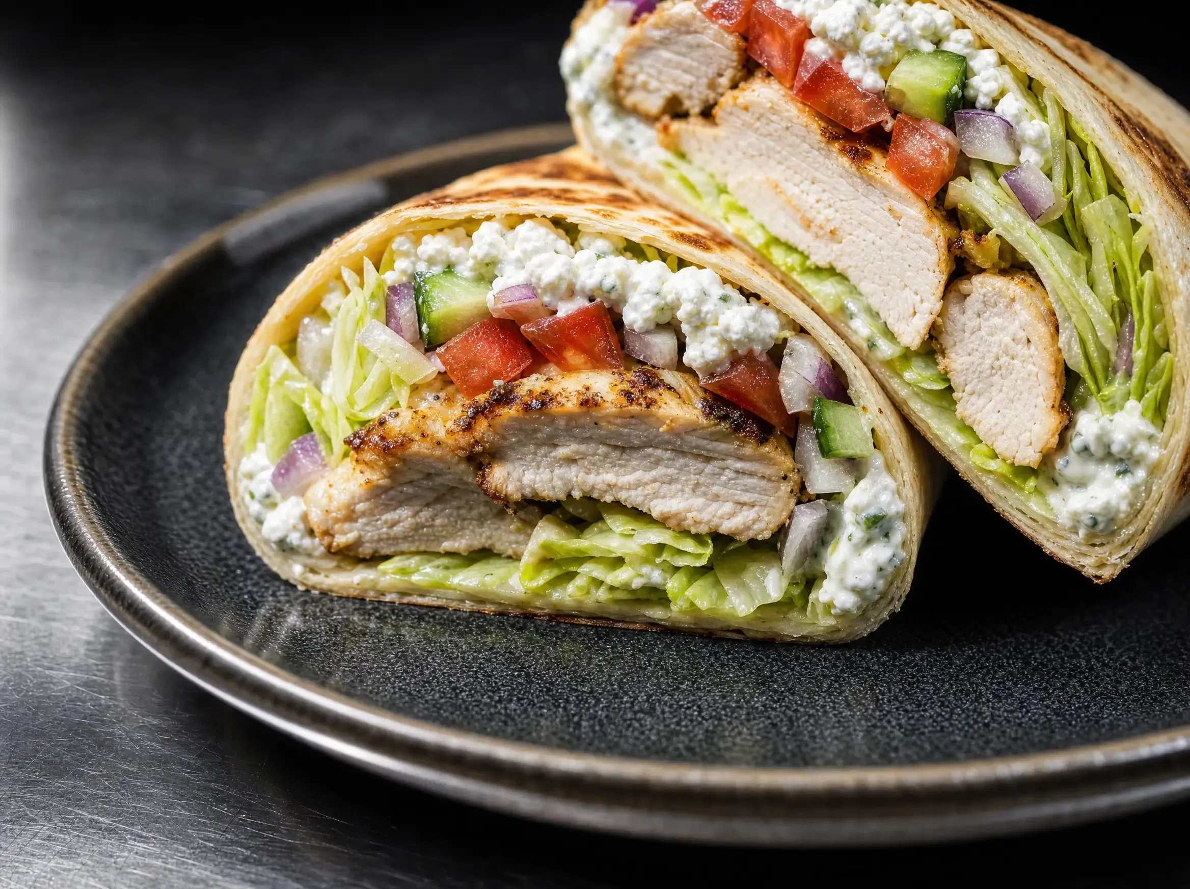 Nahaufnahme der Wrap-Schnittfläche mit den Schichten aus gebratenem Hähnchen, cremigem Tzatziki, zerbröckeltem Feta, Eisbergsalat, Tomaten und Gurke.