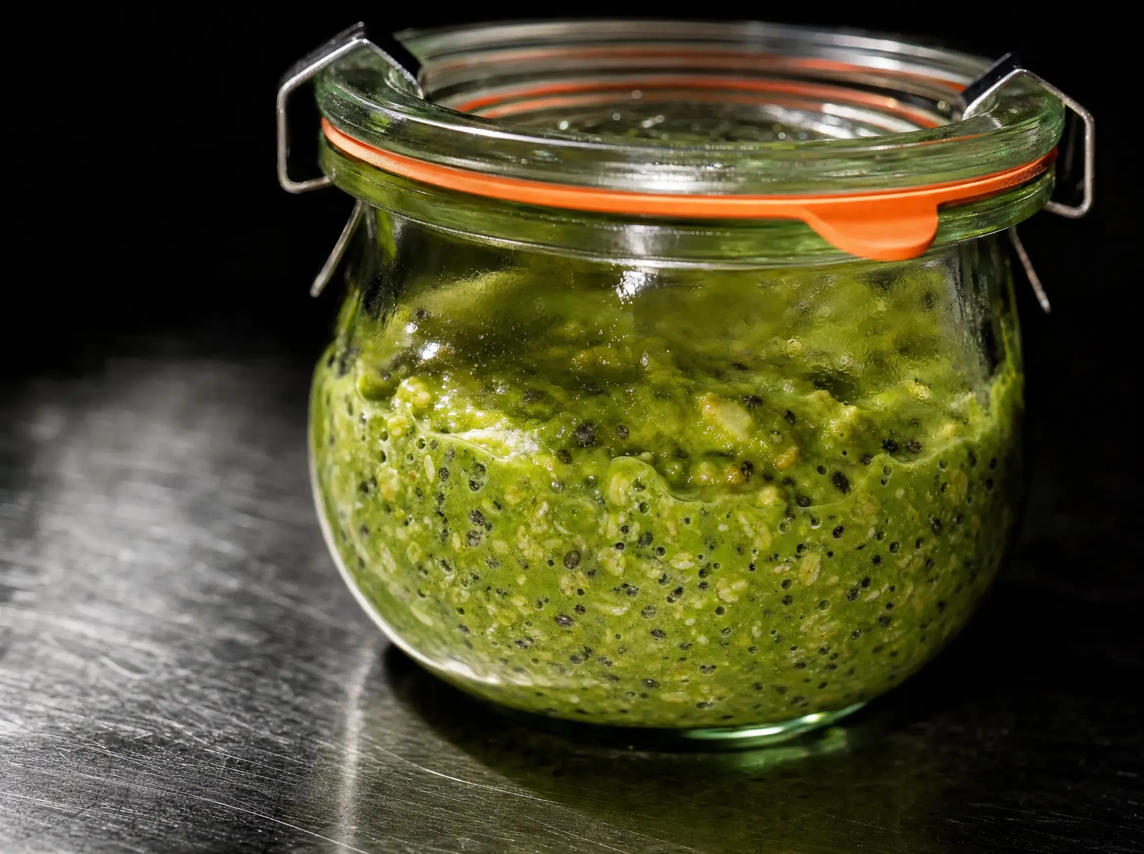 Nahaufnahme der cremigen, leuchtend grünen Matcha-Overnight-Oats-Textur im WECK-Glas mit deutlich sichtbaren dunklen Chiasamen, ohne Topping.