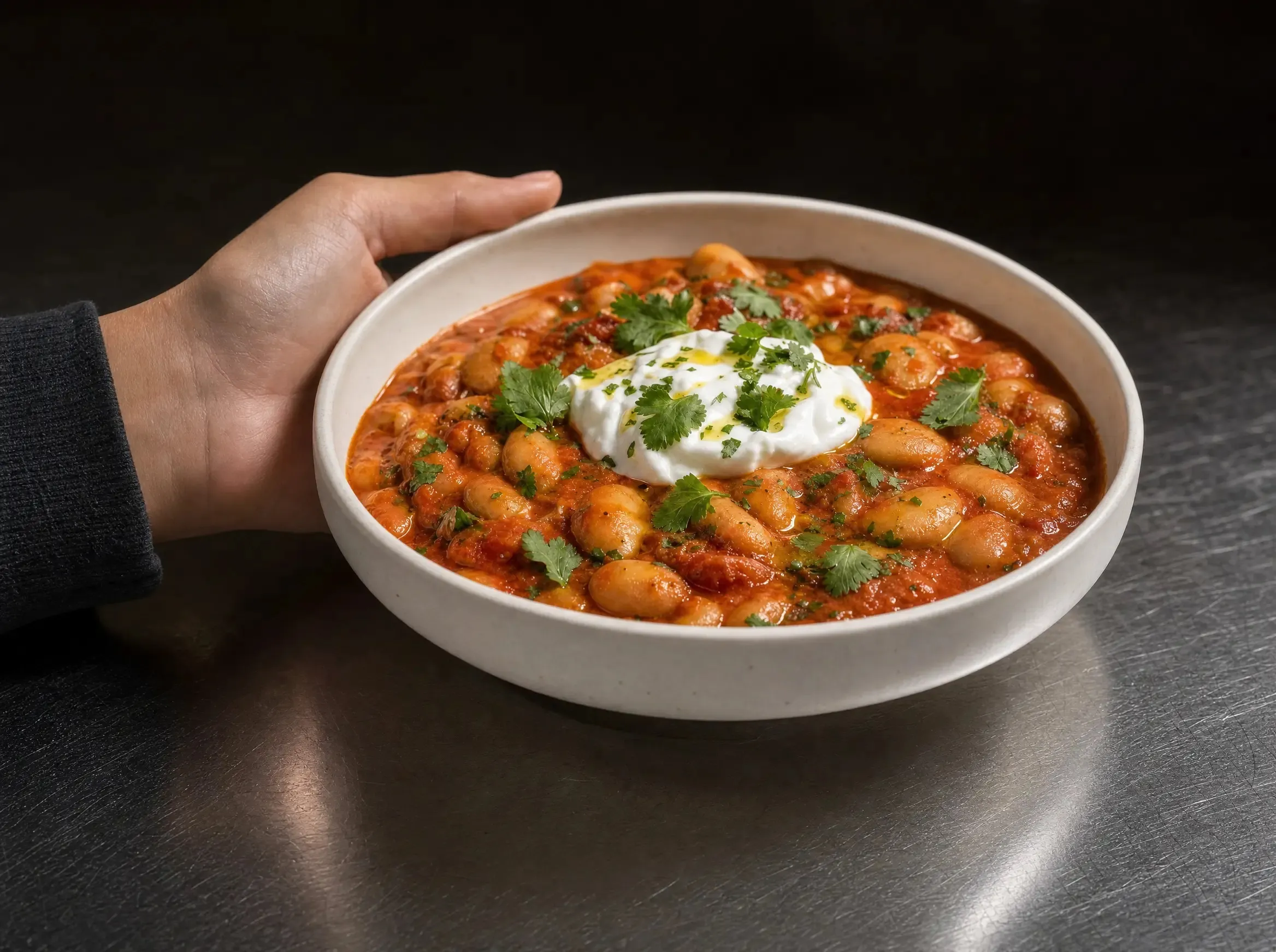 Eine Hand hält eine weiße Schale mit Butterbohnen in Tomaten-Kokos-Sauce und Joghurt-Topping auf einer Edelstahlfläche fest.