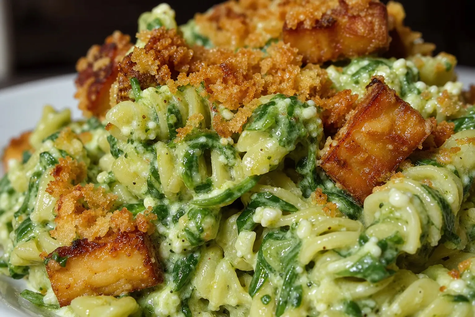 Nahaufnahme der Fusilli in cremiger Spinat-Sauce, mit Blattspinat, knusprigen Tofu-Würfeln und goldbraunen Panko-Bröseln.