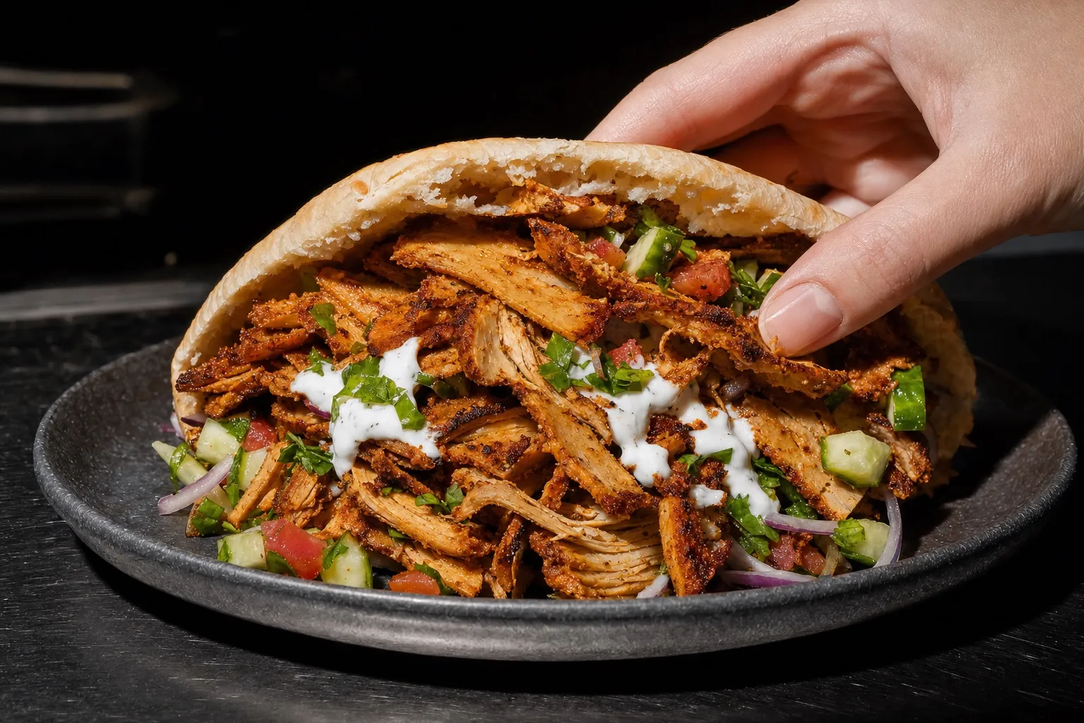 Nahaufnahme von knusprig angebratenen Räuchertofu-Streifen mit goldbrauner Gewürzkruste, die aus einem Pita-Brot herausragen.