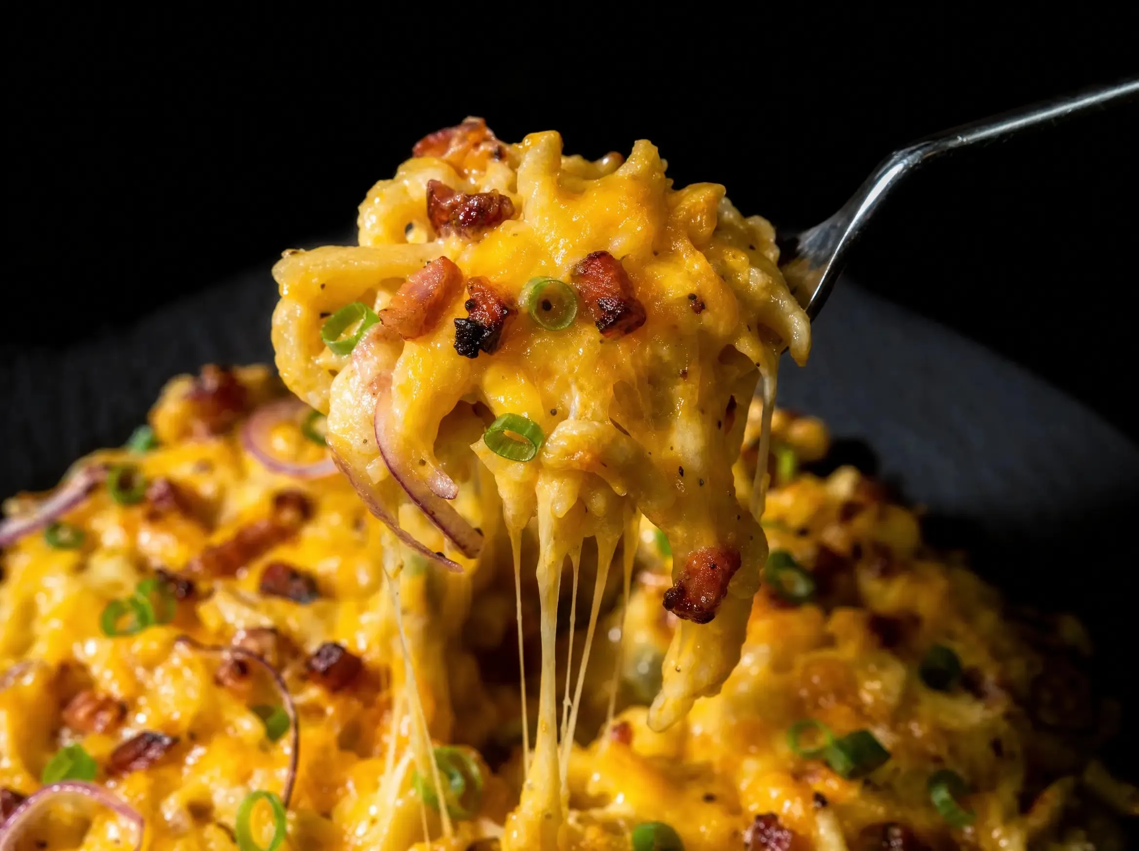 Nahaufnahme einer Gabel, die einen Bissen Flammkuchenspätzle mit ziehendem, geschmolzenem Cheddar vom Teller hebt.