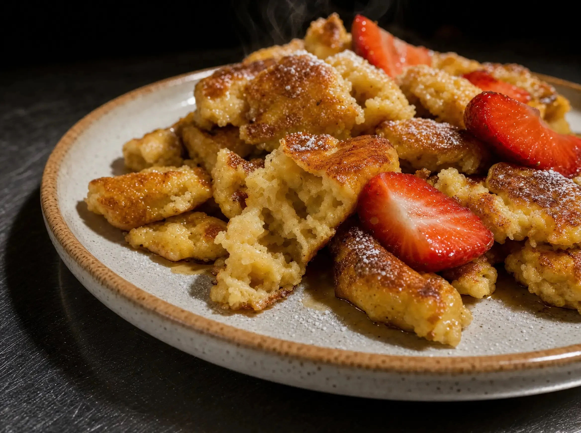 Nahaufnahme der fluffigen, goldbraun gebratenen Kaiserschmarrn-Stücke mit aufsteigendem Dampf, Puderzucker und Erdbeerscheiben auf dem cremeweißen Teller.