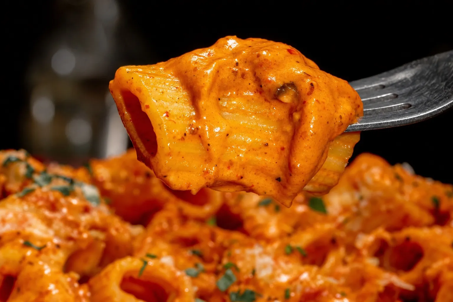 Nahaufnahme einer Gabel, die einen Rigatoni mit glänzender orange-roter Vodka-Sahnesauce hebt, die Sauce klebt dick an der Nudel.