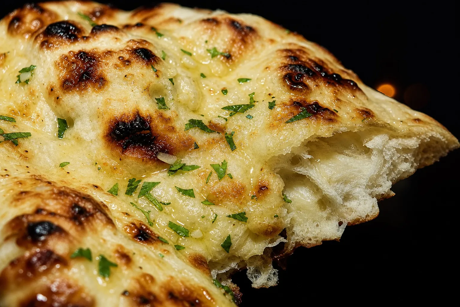 Nahaufnahme der knusprigen Kruste eines Protein-Naan mit goldbraunen Röststellen, gehackter Petersilie und glänzendem Knoblauchöl.