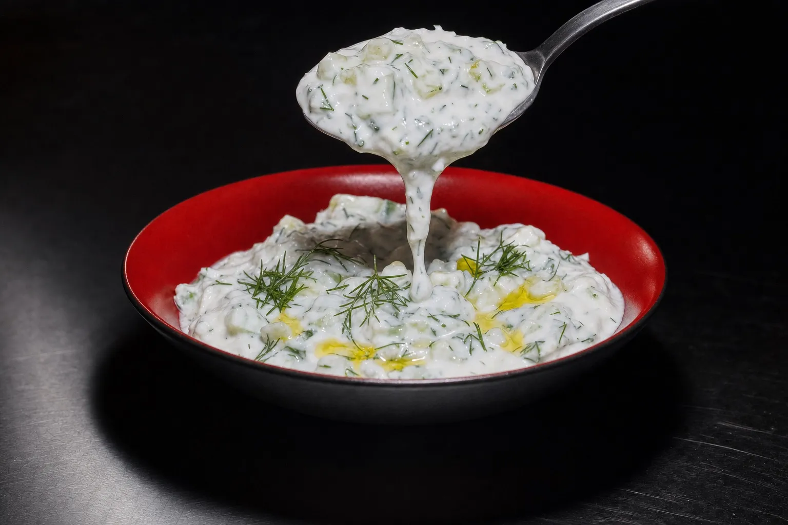 Ein Löffel hebt eine Portion Tzatziki aus einer roten Schüssel, die Sauce läuft cremig zurück.
