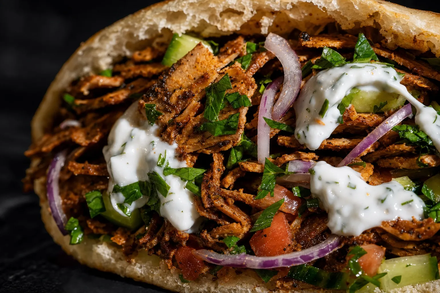 Anschnitt eines Tofu Döners im Pita-Brot mit sichtbaren Schichten aus Räuchertofu, roter Zwiebel, Petersilie und Tzatziki.
