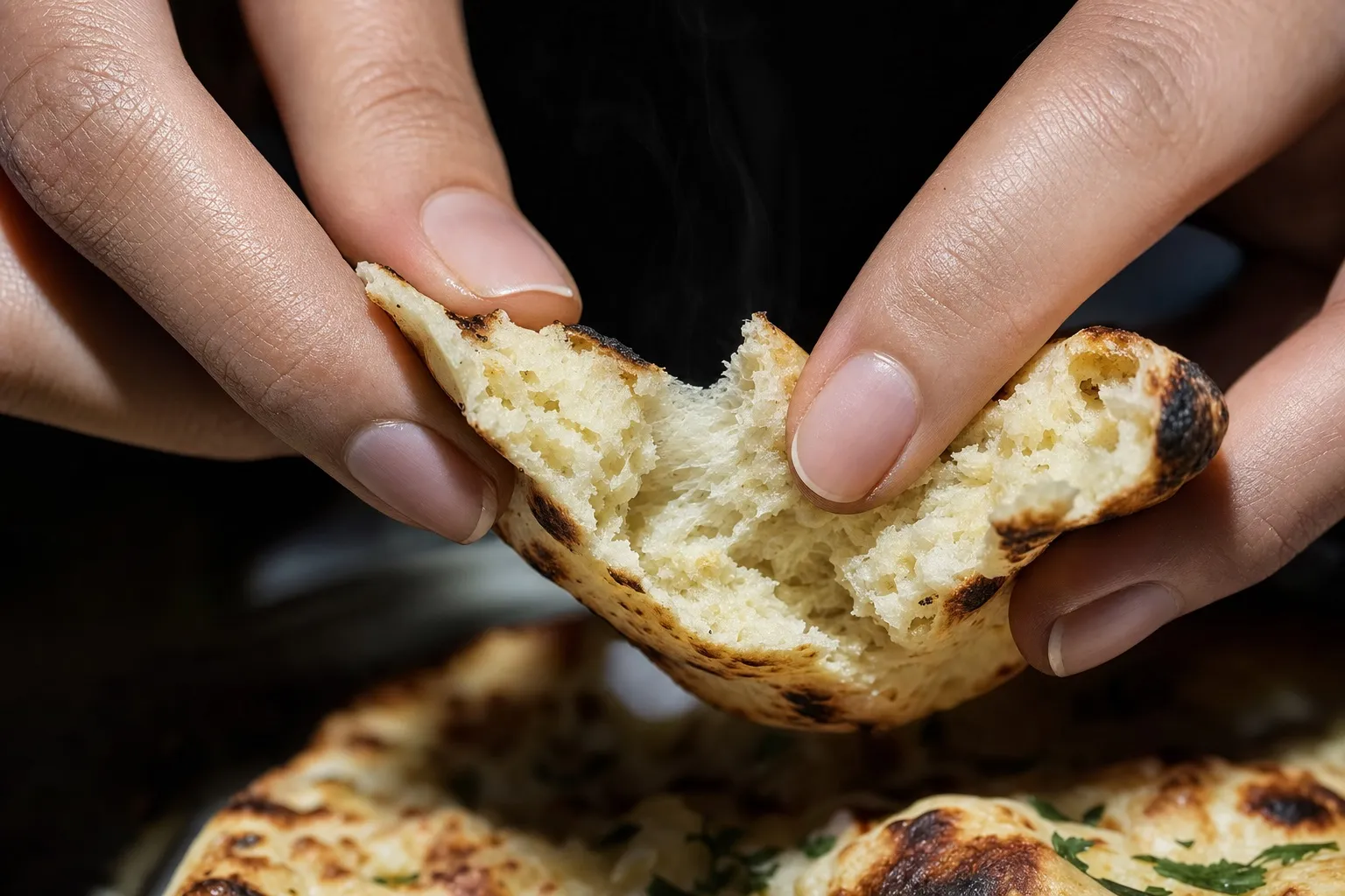 Hände reißen ein Protein-Naan auseinander, das weiche, leicht luftige Innere und die knusprigen Ränder mit Röststellen sind sichtbar.