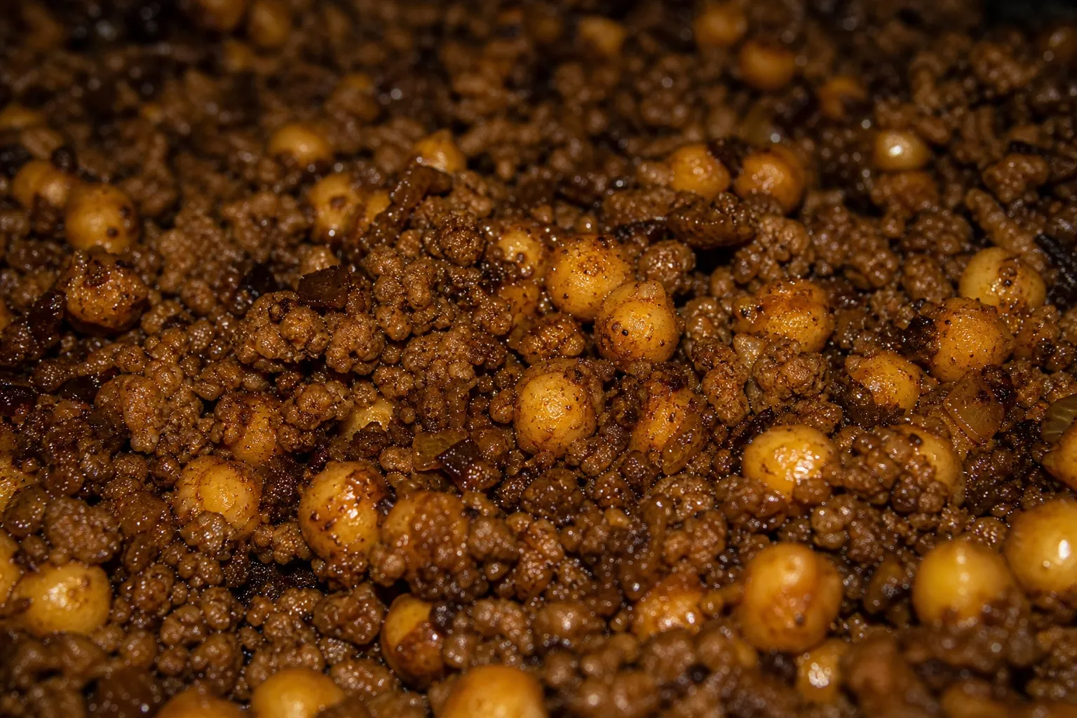 Nahaufnahme der Textur der Hackfleisch-Kichererbsen-Pfanne mit goldbraun angebratenen Kichererbsen und dunklem Ras-el-Hanout-Gewürz.