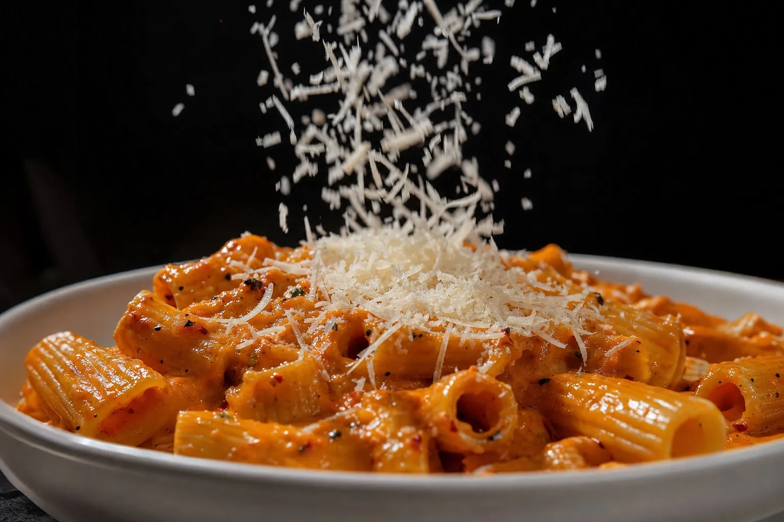 Nahaufnahme von frisch geriebenem Parmesan, der auf Rigatoni in Vodka-Sahnesauce in einer weißen Schale fällt, vor dunklem Hintergrund.