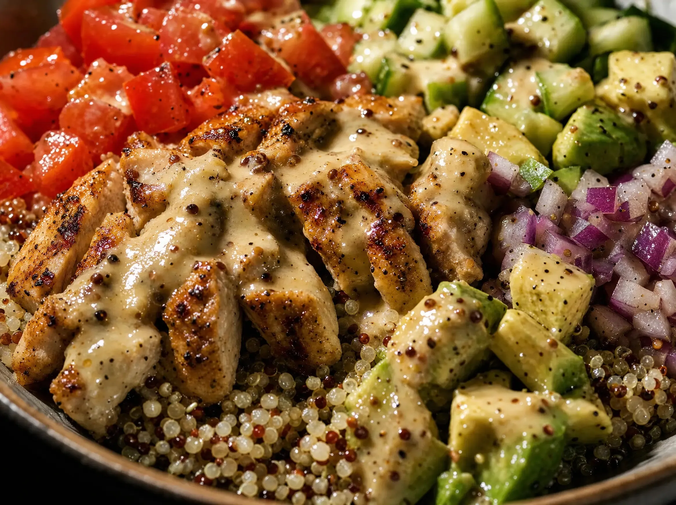 Nahaufnahme von cremigem Dressing, das über die goldbraunen Hähnchenstreifen, den Quinoa und die Toppings läuft.