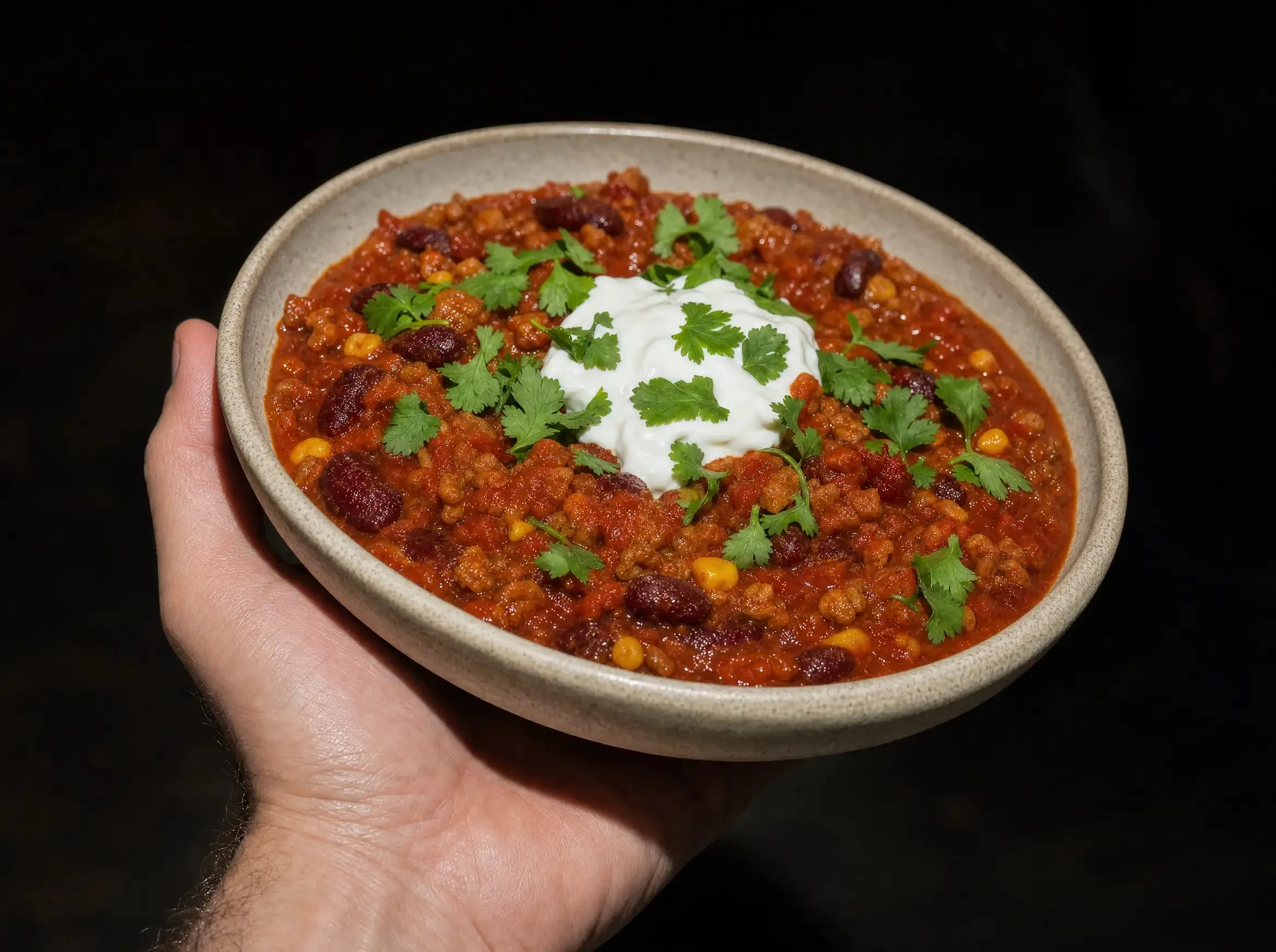 Eine Hand hält eine Schale Chili sin Carne mit Joghurt und Koriander vor schwarzem Hintergrund.