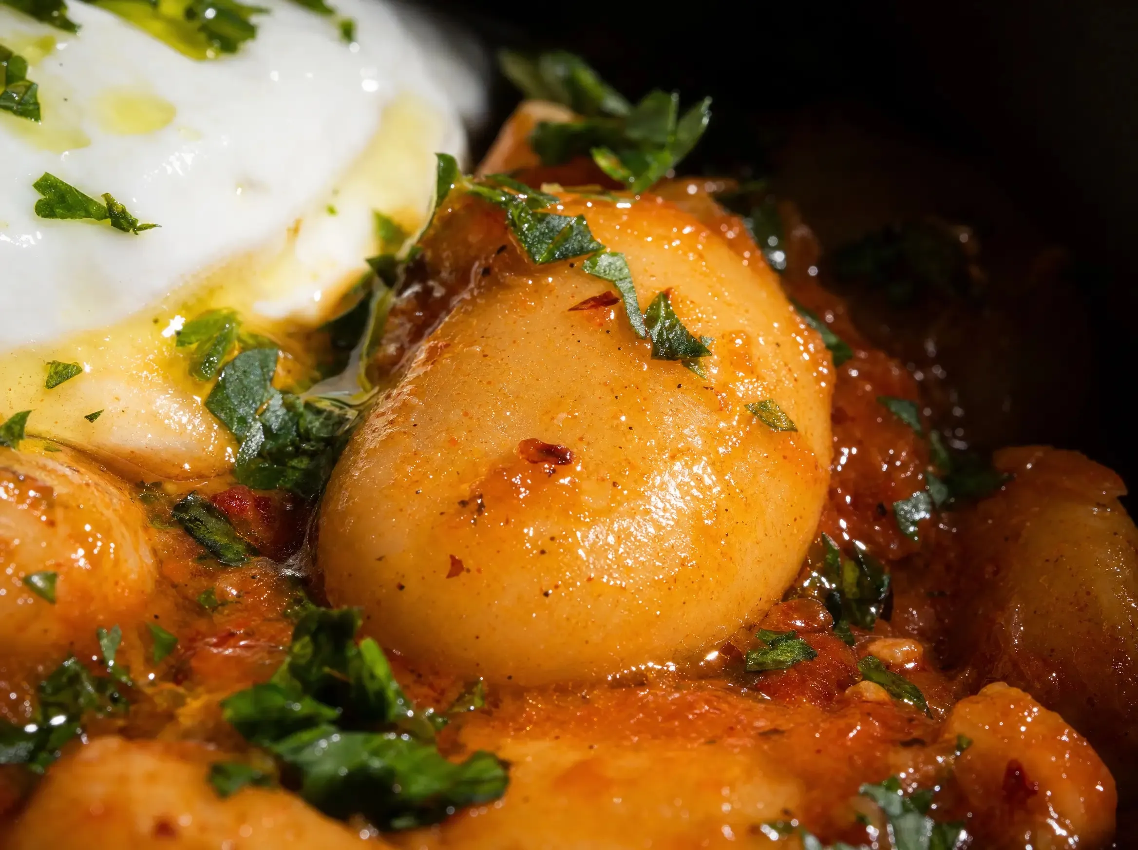 Makroaufnahme einer großen Butterbohne in glänzender Tomaten-Kokos-Sauce, mit gehacktem Koriander bestreut, am oberen Bildrand der Joghurt.