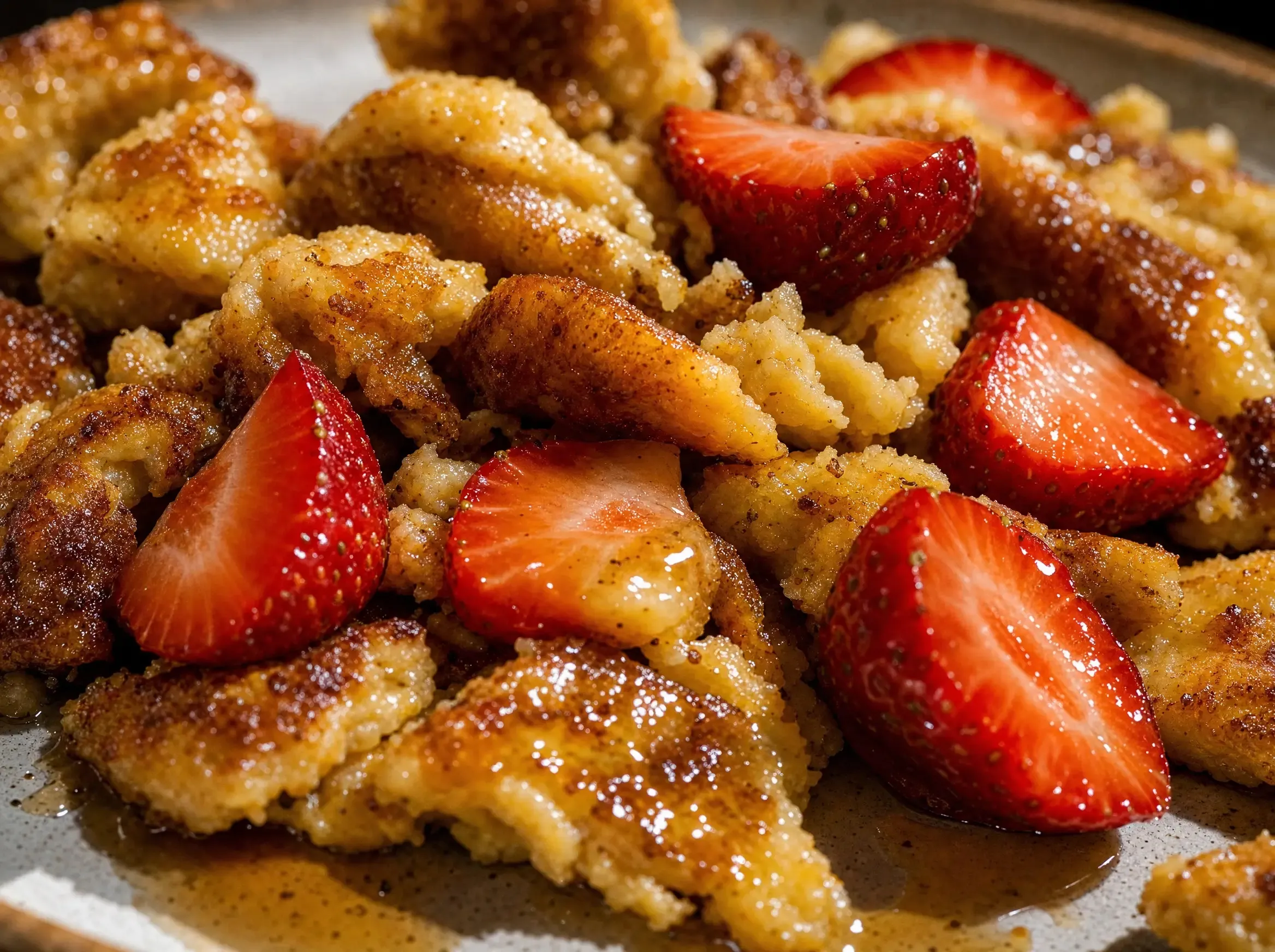 Makroaufnahme von halbierten Erdbeeren zwischen goldbraunen Kaiserschmarrn-Stücken, dazwischen sammelt sich Ahornsirup auf dem Teller.