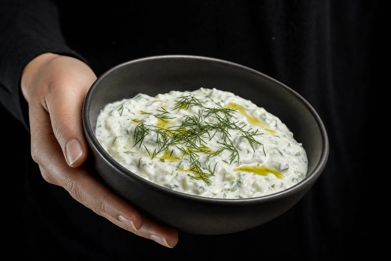 Eine Hand hält eine dunkle Keramikschüssel mit cremigem Tzatziki, Dill und Olivenöl.
