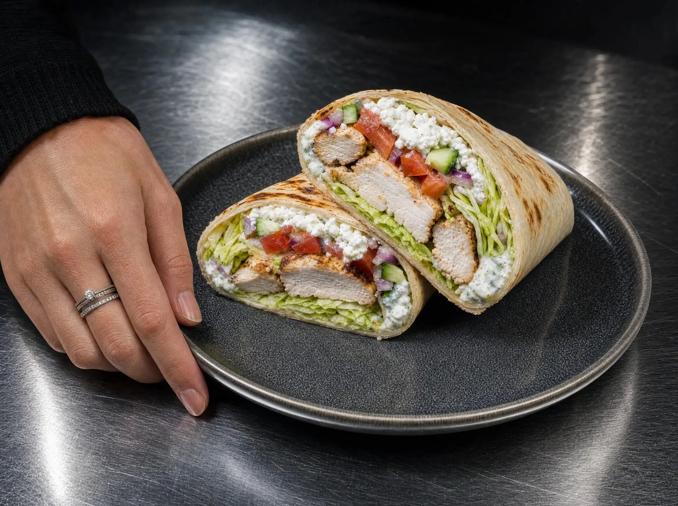 Beide Hälften des griechischen Chicken Wraps auf einem anthrazitfarbenen Teller, den eine Hand von der Seite hält.