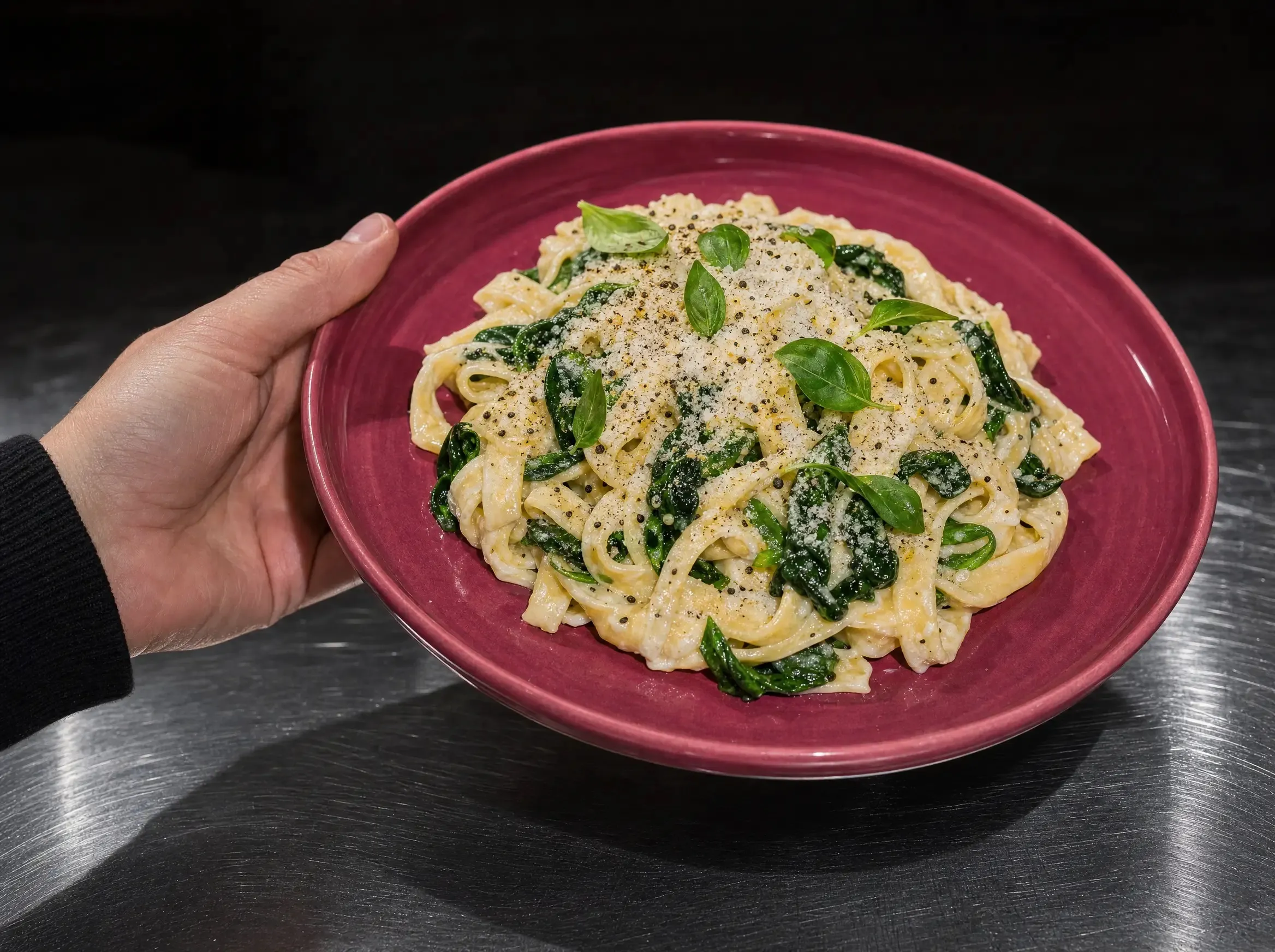 Ein beerenfarbener Teller Zitronen-Ricotta-Pasta wird in einer Hand gehalten und leicht zur Kamera geneigt.