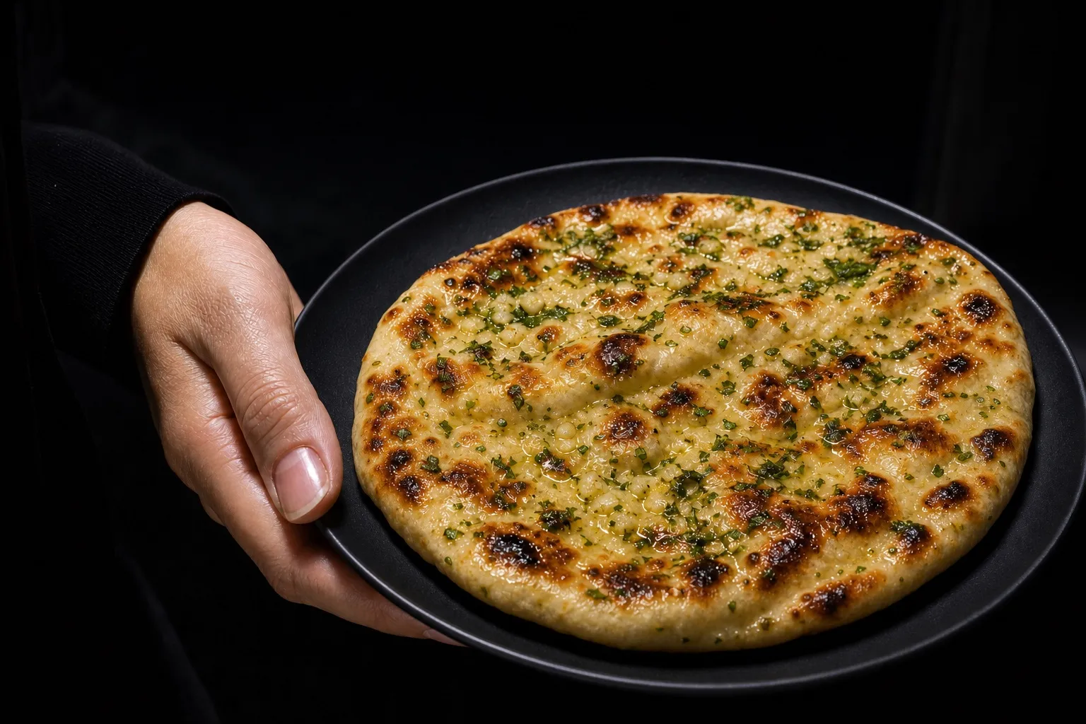 Frauenhand hält einen dunklen Teller mit einem Protein-Naan mit Knoblauch-Petersilie-Öl, leicht zur Kamera geneigt.
