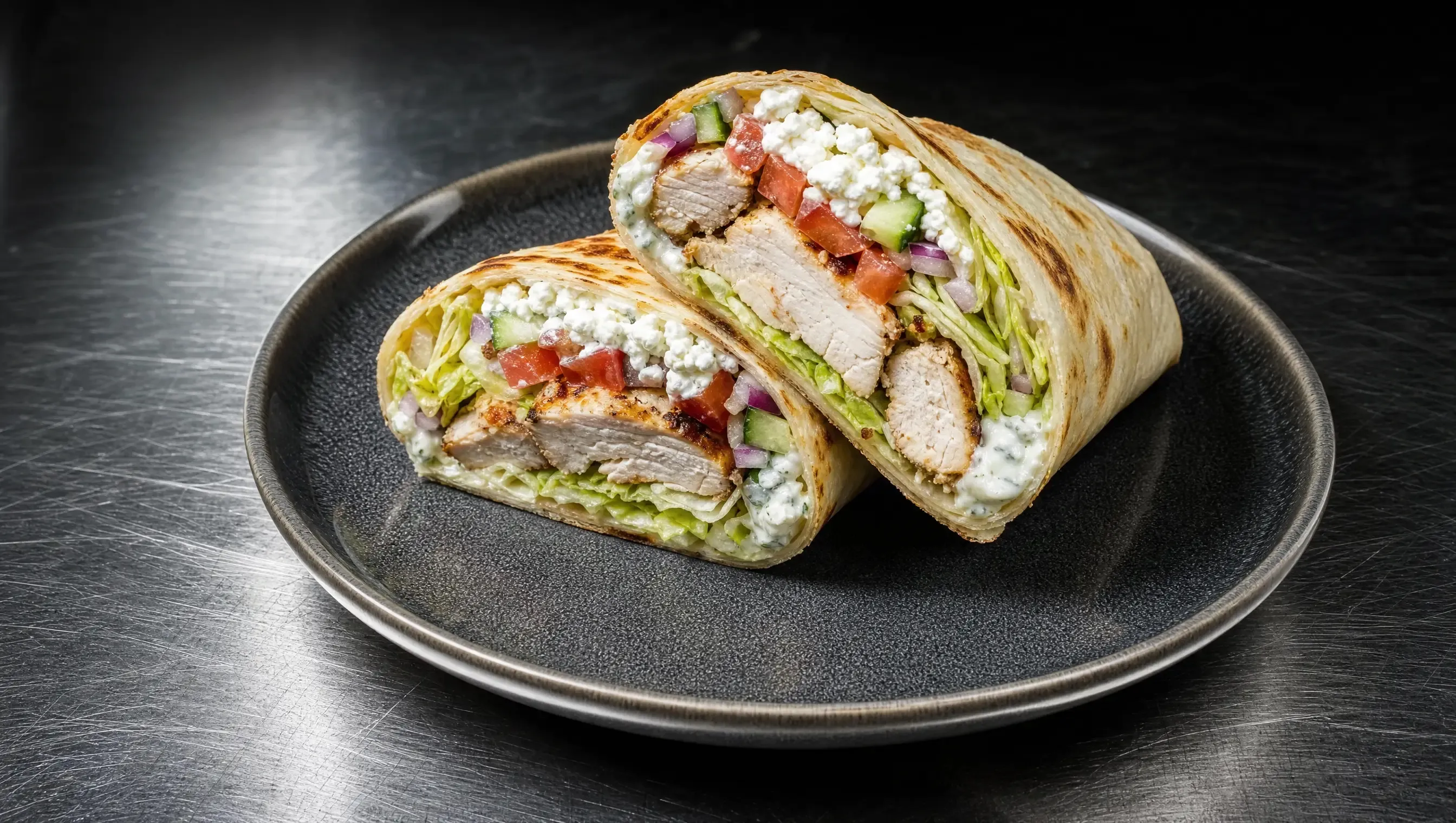 Zwei Hälften eines griechischen Chicken Wraps lehnen auf einem anthrazitfarbenen Keramikteller aneinander, die Schnittflächen mit Hähnchen, Tzatziki, Feta und Gemüse zur Kamera zeigend.