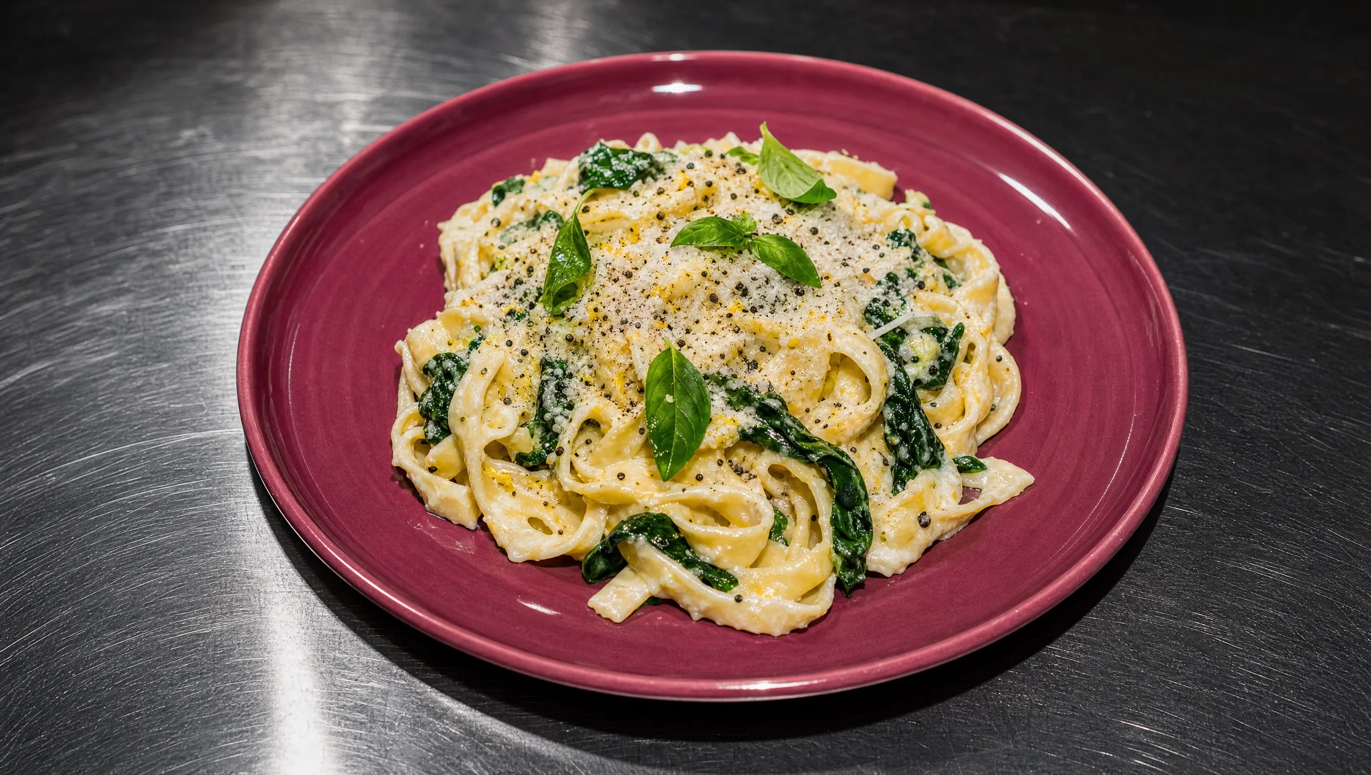 Beerenfarbener Teller mit Zitronen-Ricotta-Pasta, Tagliatelle in cremiger Sauce mit Spinat, frischem Basilikum und grob gemahlenem schwarzem Pfeffer, mittig auf einer Edelstahl-Arbeitsplatte.