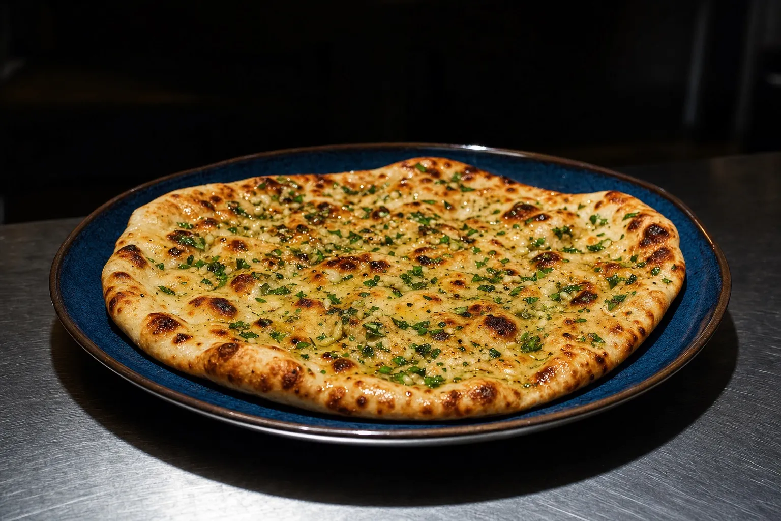 Rundes Protein-Naan mit goldbraunen Röststellen und Knoblauch-Petersilie-Öl auf einem dunklen Keramikteller mit blauem Rand auf einer Edelstahlfläche.