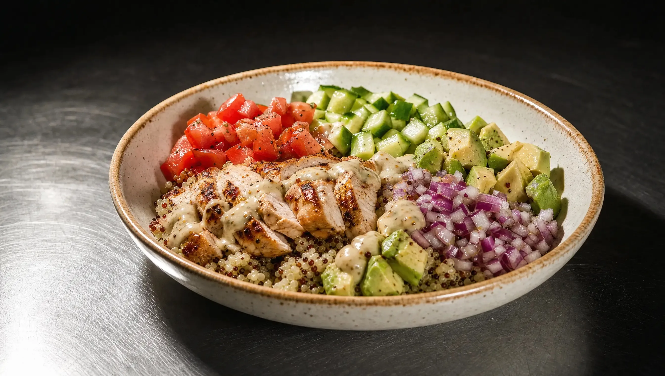 Cremeweiße gesprenkelte Schüssel mit Quinoa Bowl, in Sektionen angerichtet aus gewürfelten Tomaten, Gurke, Avocado und roter Zwiebel, dazu Hähnchenstreifen mit Dressing in der Mitte, auf einer dunklen Edelstahl-Arbeitsplatte.