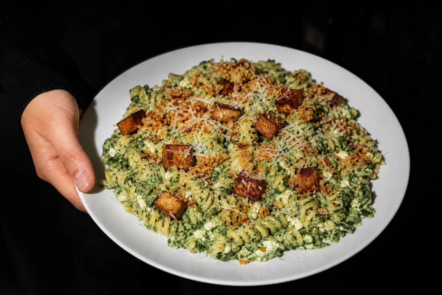 Eine Hand hält einen großen weißen Teller mit cremiger Spinat-Pasta, gebratenen Räuchertofu-Würfeln, geröstetem Panko und geriebenem Parmesan.
