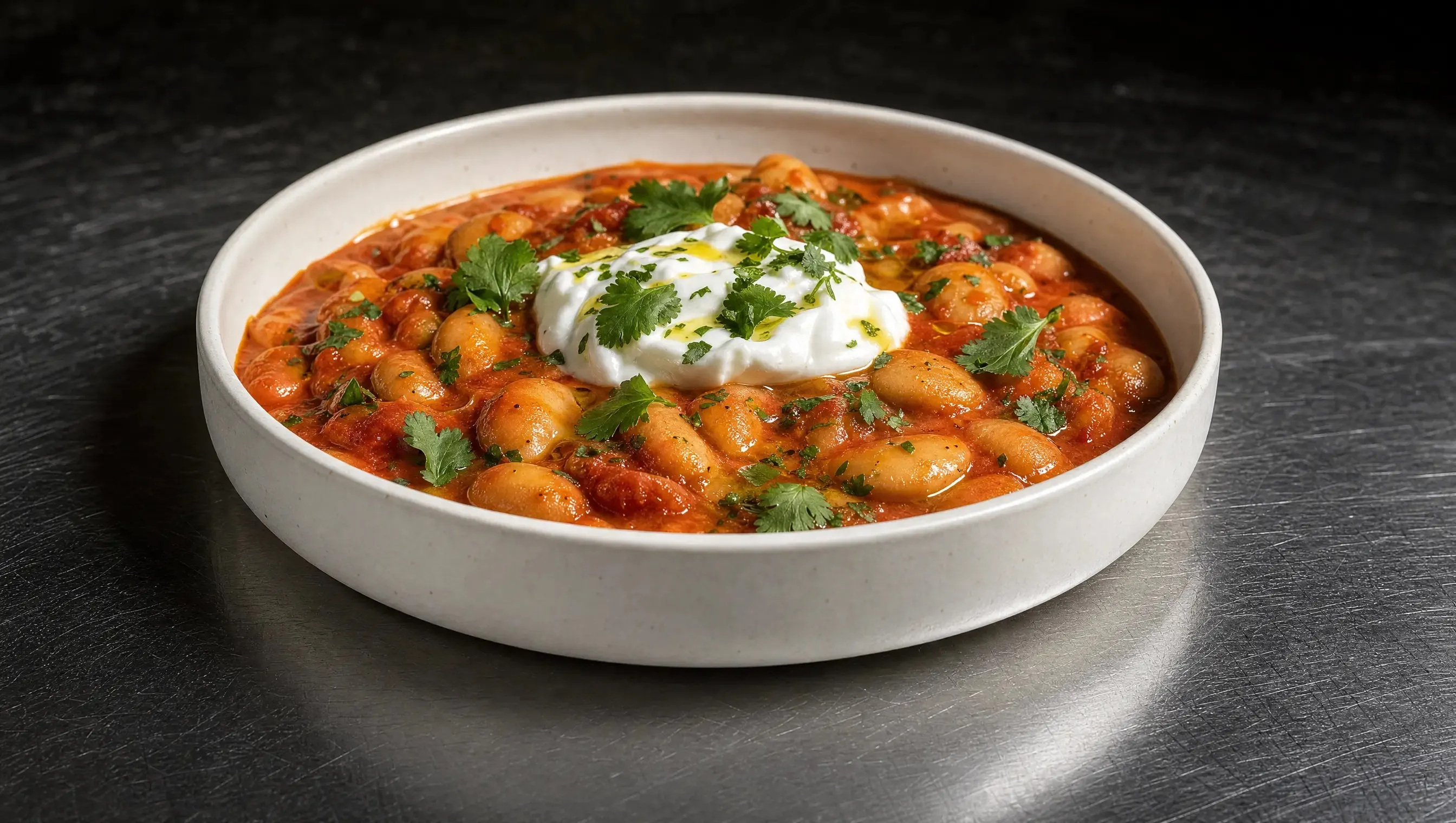 Weiße tiefe Keramikschale mit Butterbohnen in kräftig roter Kokosmilch-Tomaten-Sauce, mittig ein Klecks Joghurt, mit frischem Koriander bestreut, auf einer gebürsteten Edelstahlfläche.