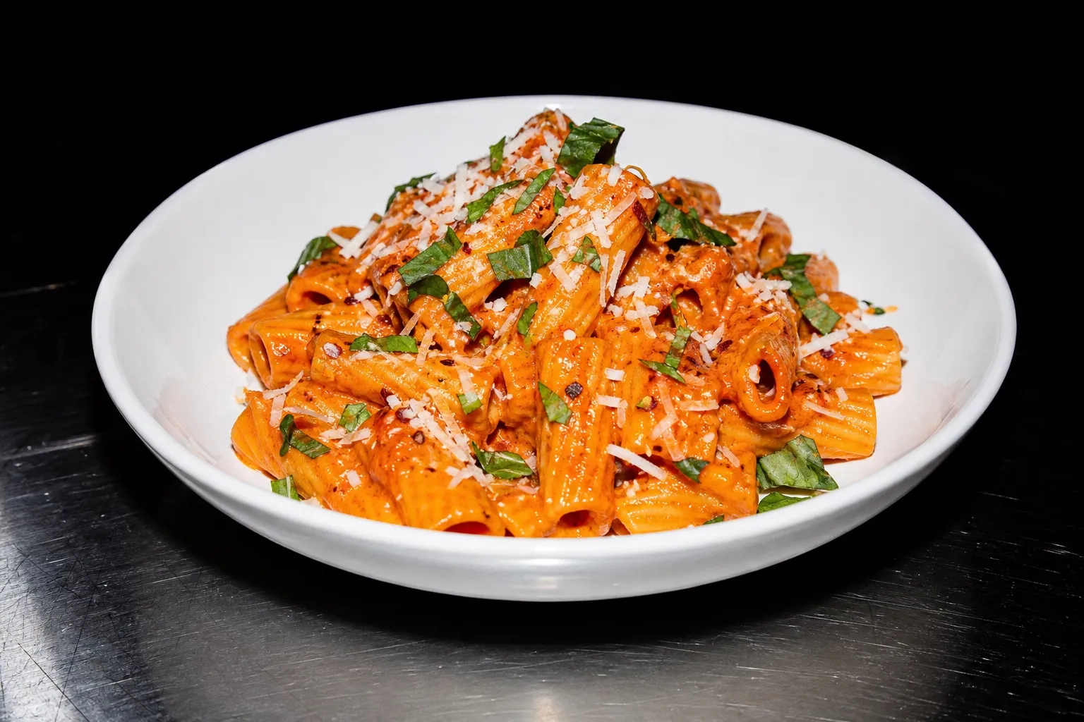 Weiße Schale mit cremiger Pasta alla Vodka, Rigatoni in orange-roter Tomatensauce, garniert mit frischem Basilikum und geriebenem Parmesan auf einer dunklen Fläche.