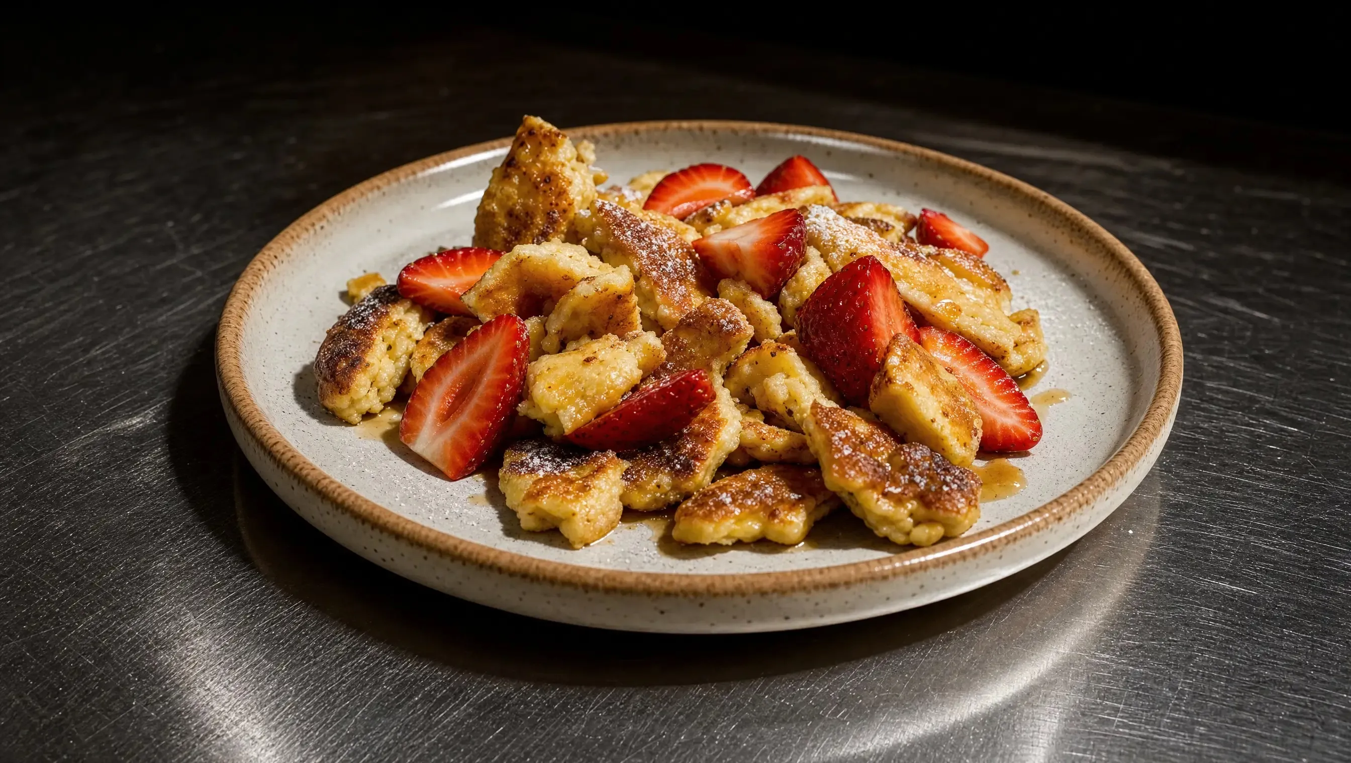 Cremeweißer gesprenkelter Teller mit zerrupftem Quark-Kaiserschmarrn, bestäubt mit Puderzucker, garniert mit frischen Erdbeeren und einem Schuss Ahornsirup, mittig auf einer dunklen Edelstahl-Arbeitsplatte.