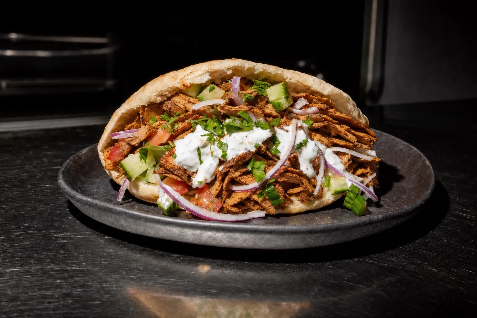 Tofu Döner im Pita-Brot mit knusprigen Räuchertofu-Streifen, frischem Gemüse und Tzatziki auf einem dunklen Keramikteller.