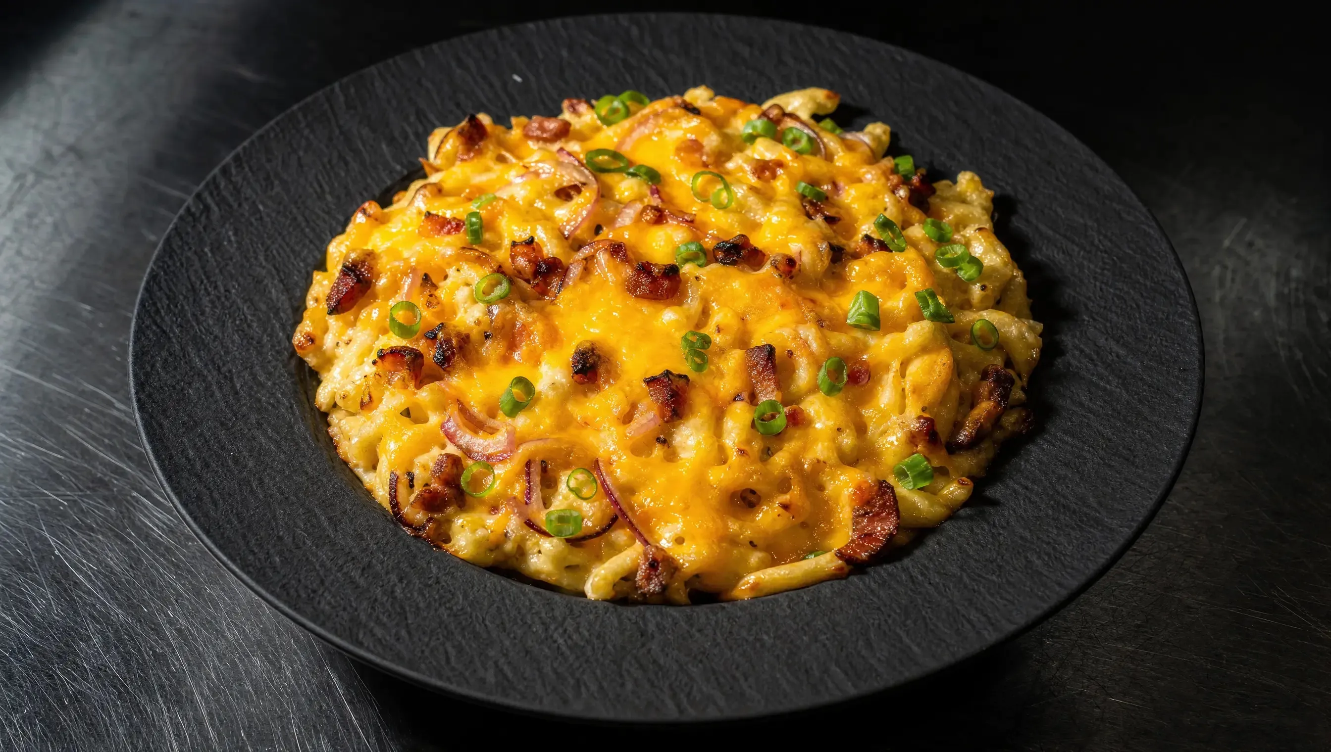 Flacher schwarzer Teller mit Airfryer Flammkuchenspätzle, bedeckt von goldig geschmolzenem Cheddar, Speckwürfeln und Frühlingszwiebelringen, auf einer dunklen Arbeitsfläche.