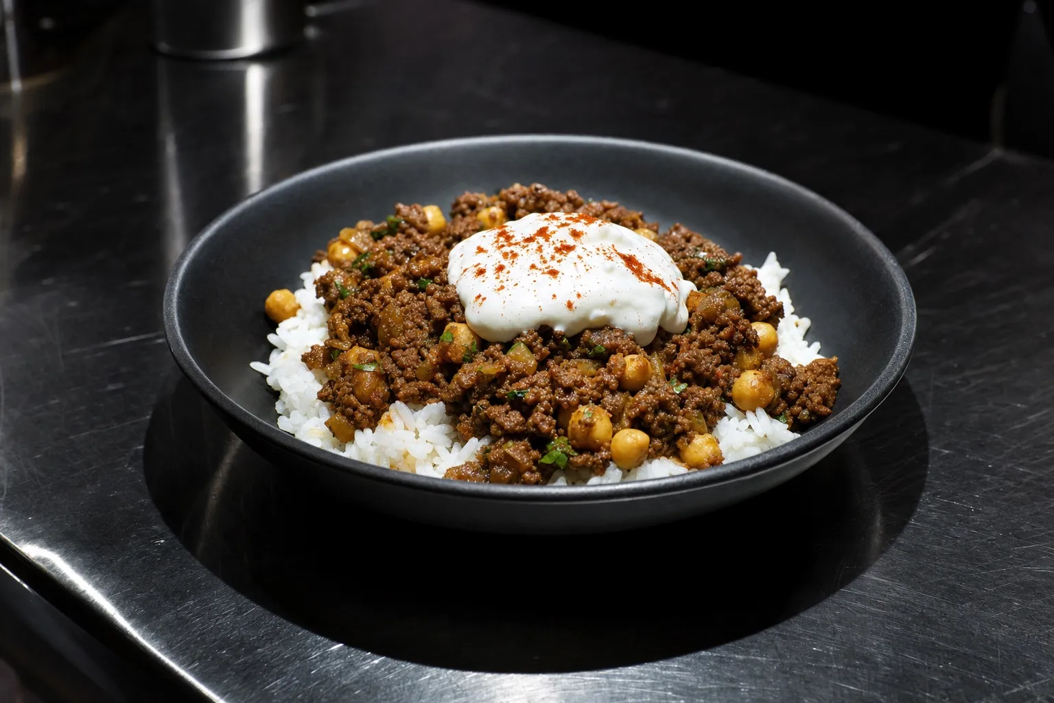 Dunkle Keramikschüssel mit Hackfleisch-Kichererbsen-Pfanne über Reis und cremigem Joghurt-Topping auf einer Edelstahlarbeitsfläche.