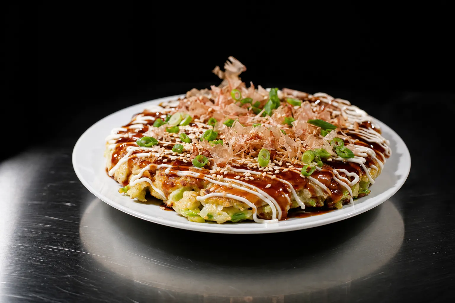 Okonomiyaki auf einem weißen Teller, japanischer Kohl-Pfannkuchen mit Mayonnaise-Zickzack, dunkler Sauce, Frühlingszwiebeln, Sesam und Bonito-Flakes.