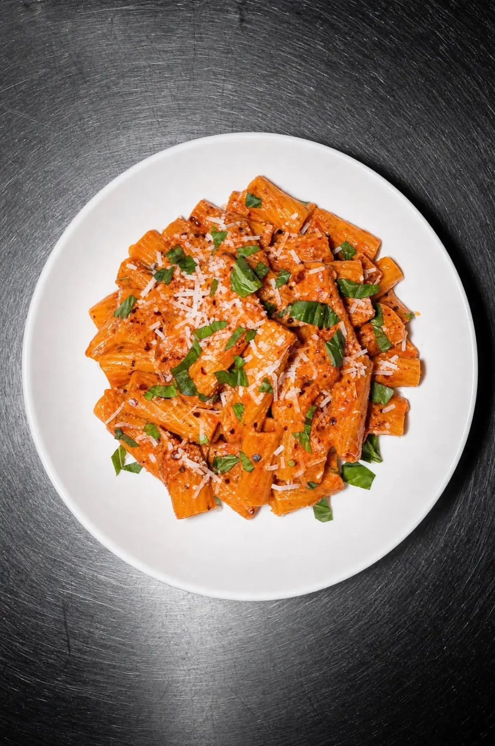 Pasta alla Vodka, von oben fotografiert auf einem weißen Teller