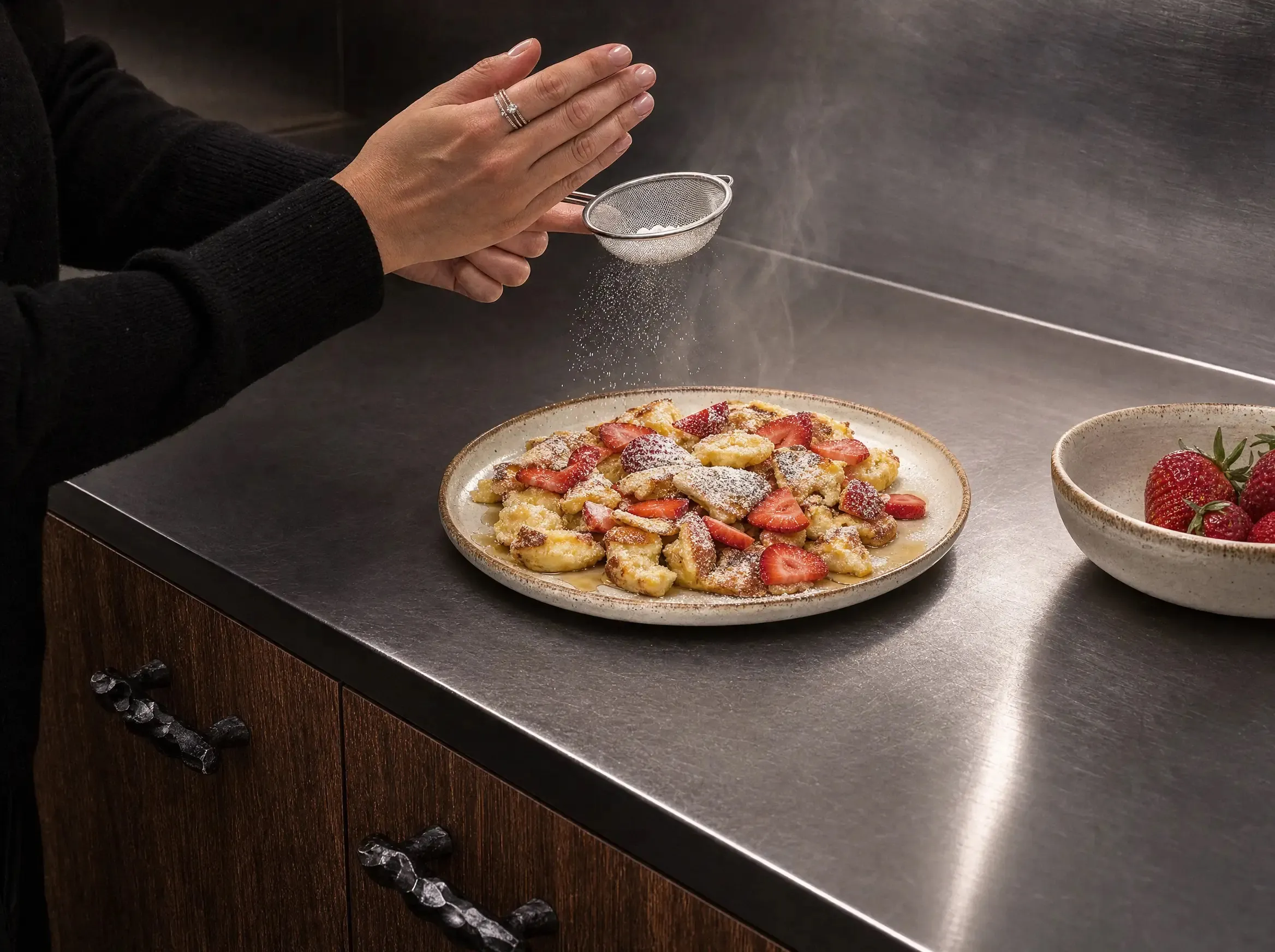 Zwei Hände sieben Puderzucker mit einem kleinen Sieb über den fertig angerichteten Quark-Kaiserschmarrn mit Erdbeeren, daneben eine Schale frischer Erdbeeren auf der Edelstahl-Arbeitsplatte.