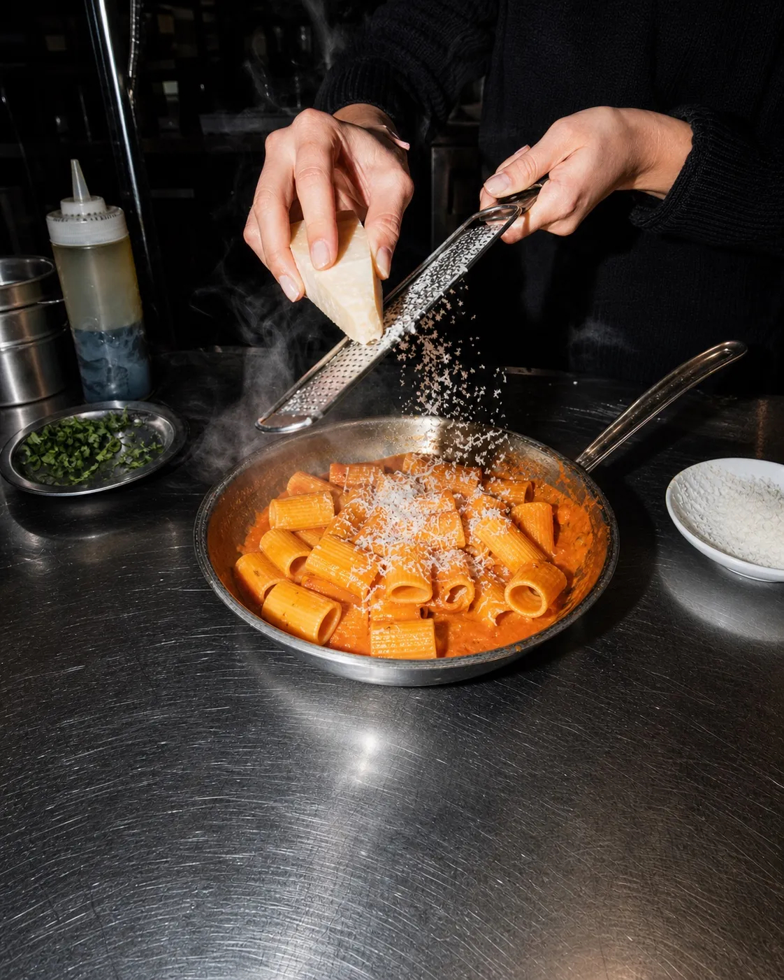 Frauenhände reiben frischen Parmesan über Rigatoni in Vodka-Sahnesauce in einer Edelstahlpfanne, Dampf steigt auf, Edelstahlküche im Hintergrund.