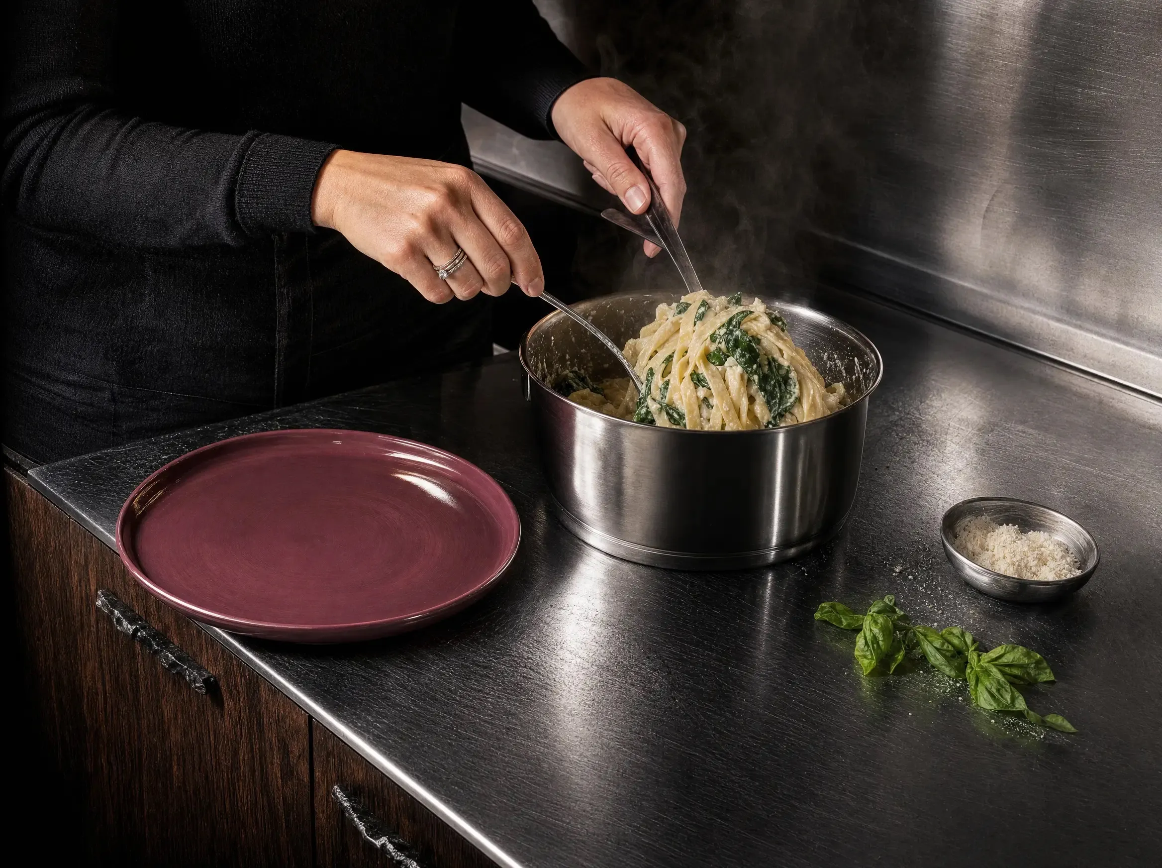 Hände schwenken Zitronen-Ricotta-Pasta mit Spinat in einem Edelstahltopf, aufsteigender Dampf, daneben der leere Teller, frisches Basilikum und ein Schälchen geriebener Parmesan.