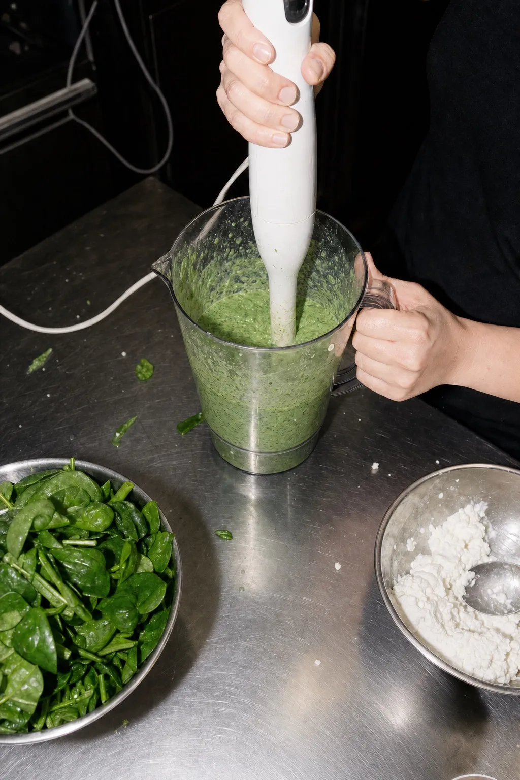 Der Spinat wird mit einem Pürierstab im Mixbecher zu einer grünen Sauce püriert, daneben eine Schüssel mit frischem Blattspinat und eine Schale Hüttenkäse.
