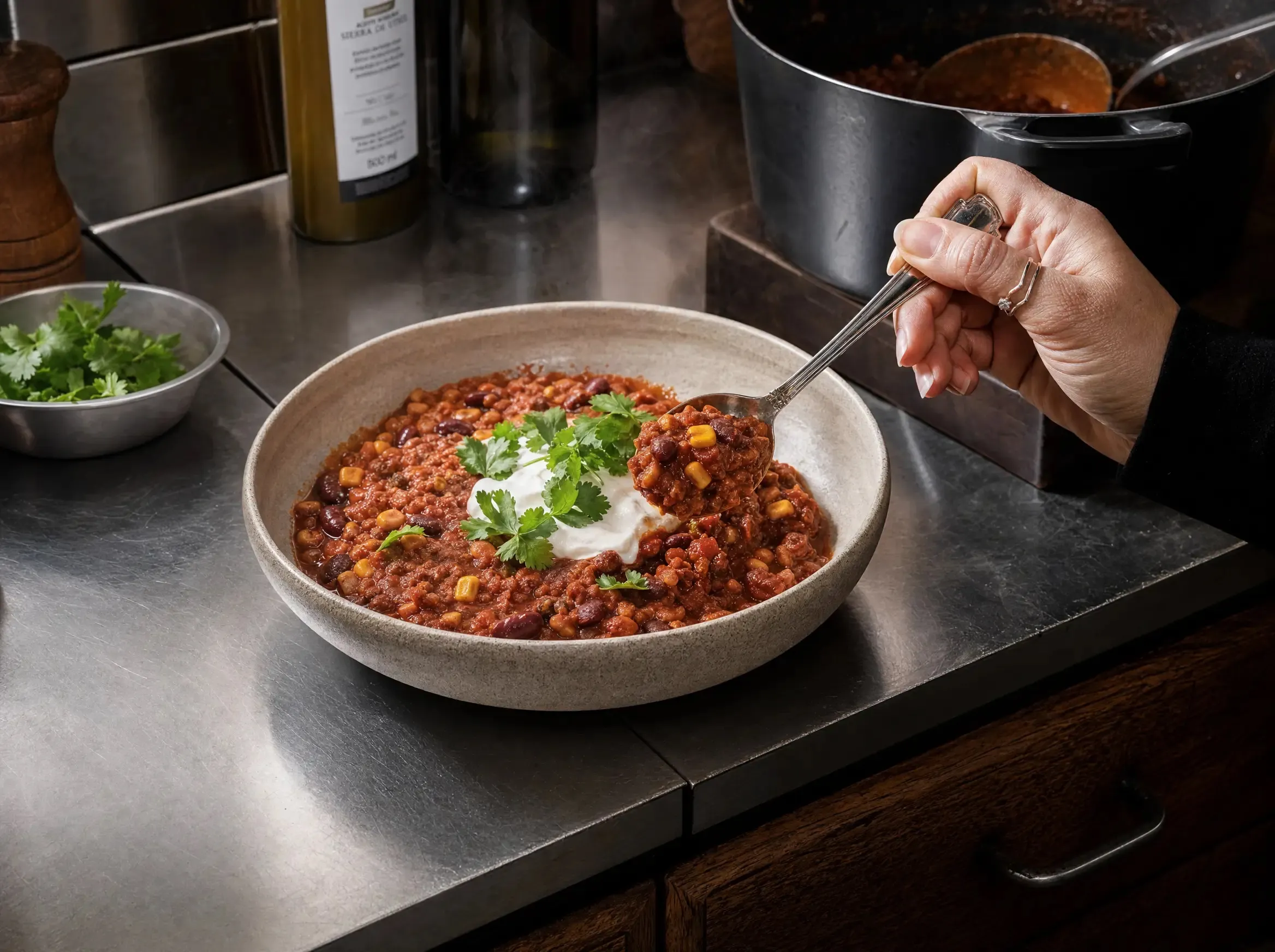 Eine Hand taucht einen Löffel in eine Schale Chili sin Carne auf der Edelstahl-Arbeitsplatte, dahinter der Topf und ein Schälchen mit Koriander.