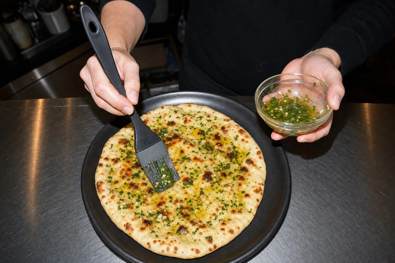 Frauenhände bestreichen ein frisch gebackenes Protein-Naan mit einem Silikonpinsel dünn mit Knoblauch-Petersilie-Öl, daneben ein Schälchen mit dem Öl.